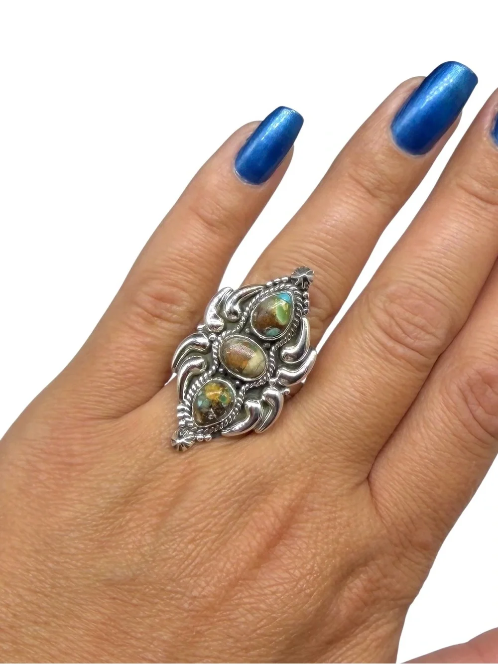 Royston Turquoise Ring Solid 925 Sterling Silver Adjustable Size 8 - 10.5